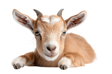 A cute, playful baby goat resting, showcasing its charming features and soft fur. Perfect for animal lovers and farm life themes.