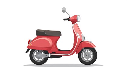 Obraz premium A side view illustration showcases a vintage-style red scooter with a black seat, against a plain white backdrop, with detailed mechanical parts