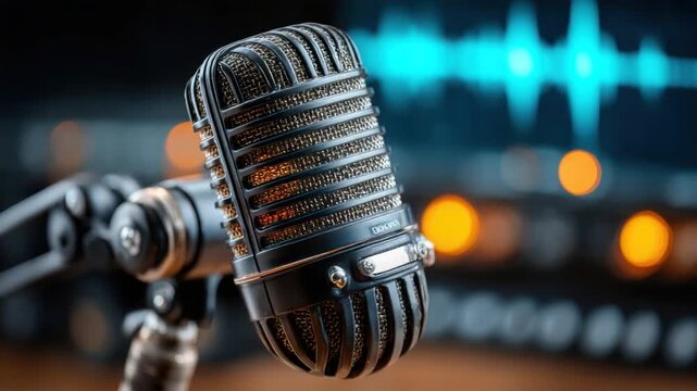 A detailed close-up of a retro microphone set against a blurred waveform and bokeh background