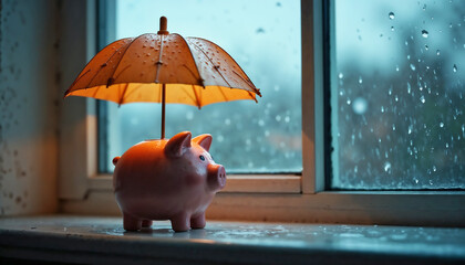 Piggy Bank Under a Rainy Umbrella Inside a Window for Financial Savings Blogs, Money Management Websites, Budgeting Guides, and Economic Awareness Campaigns