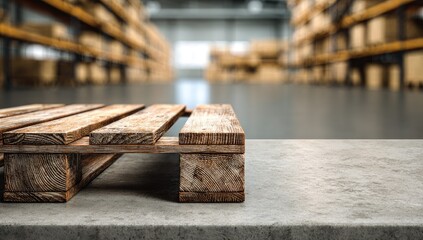 Rustic wooden pallet in sharp focus set against a blurry background of a large warehouse