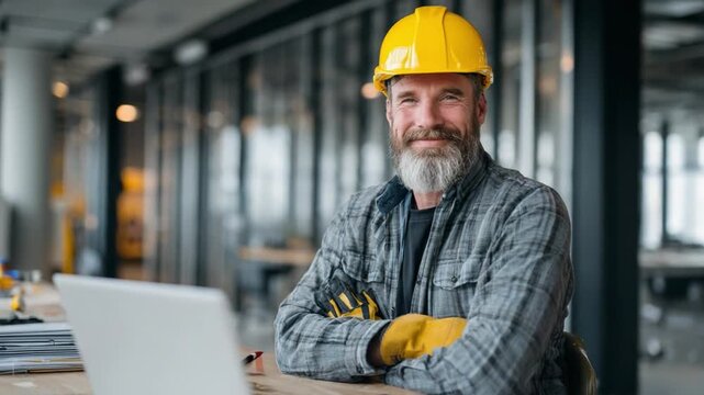 Confident Construction Professional: A skilled and seasoned construction worker, radiates confidence and expertise in the field, his gaze meeting the viewer with a knowing smile.