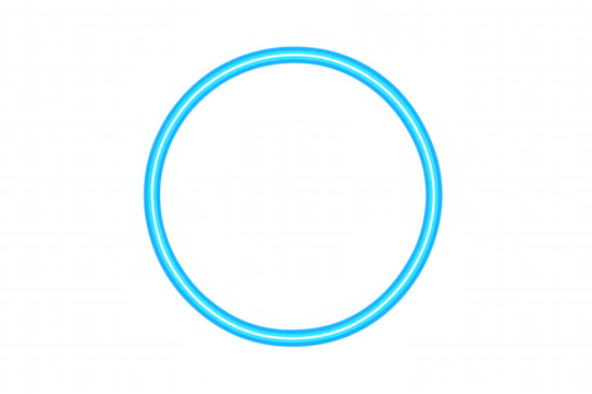 Blue neon glowing circle frame on transparent background creating vibrant electric light effect