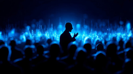 Silhouette of person speaking with sound waves in blue background, creating dynamic and engaging atmosphere