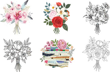 Set of Watercolor and Hand-Drawn Floral Bouquet Illustrations.