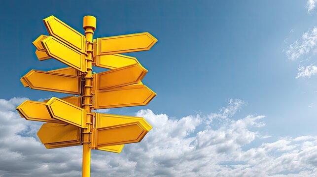 Bright yellow signpost with empty arrows against a cloudy blue sky