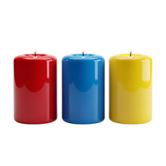 Trio of colorful candles isolated on transparent background, a vibrant and cheerful display