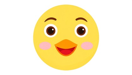 Fototapeta premium A round, yellow cartoon depiction of a baby bird's head. It has large, expressive brown eyes, a bright orange beak, and rosy cheeks