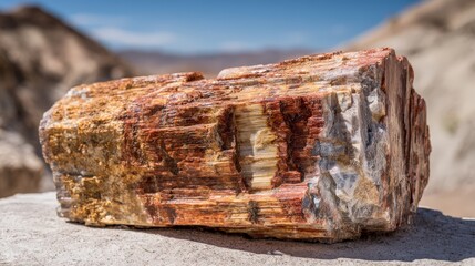Close up of colorful petrified wood on natural stone surface under sunny sky