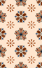 A vibrant floral pattern featuring intricate designs in earthy tones against a soft background, perfect for textiles or wallpapers.