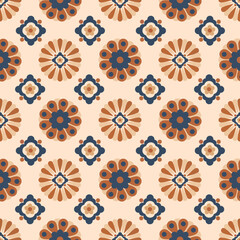 A vibrant, repeating pattern featuring floral designs in warm colors on a light background, ideal for textiles or wallpaper.