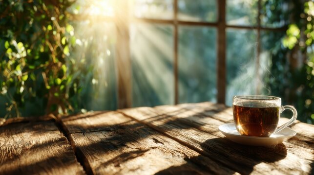 A warm cup of tea emits gentle steam, sitting on a rustic wooden table bathed in golden sunlight, evoking feelings of comfort, warmth, and peacefulness in a cozy atmosphere.