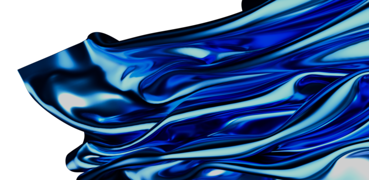 Abstract digital art of fluid, glossy blue fabric, evoking elegance and movement. Features smooth textures, light and shadows for a luxurious fe
