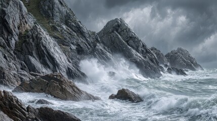 Stormy coastal landscape with waves crashing against rocky cliffs