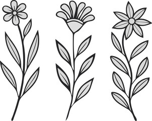 Three stylized flowers with leaves isolated on white background