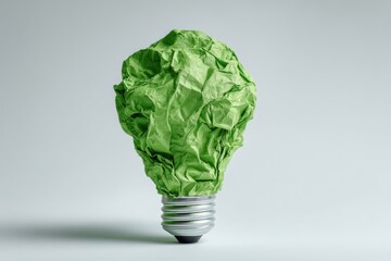 A green, crumpled paper form resembling a lightbulb, symbolizing innovation on a white background