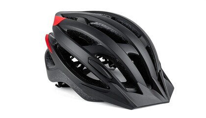Fototapeta premium A side view of a black bicycle helmet with red accents on a white background, showcasing its vents and protective design