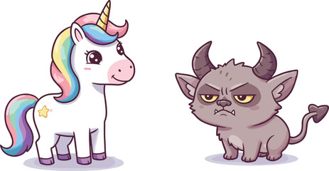 Cute cartoon illustration of colorful unicorn with rainbow mane and grumpy devil creature, fantasy character design showing contrast of light and dark