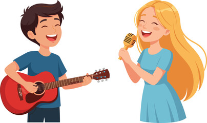 Cartoon Children Singing and Playing Guitar – Vector Illustration of Musical Creativity, Childhood Joy, and Expressive Performance with Instruments and Emotion