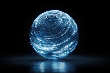 A glowing blue sphere rotates amidst darkness, emitting bright light trails