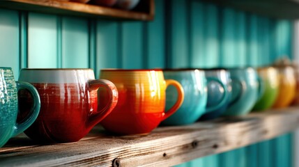 An artistic display of vibrant ceramic mugs arranged on a wooden shelf, showcasing a blend of colors and warmth that invites creativity and comfort.