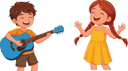 Cartoon Children Singing and Playing Guitar – Vector Illustration of Musical Creativity, Childhood Joy, and Expressive Moments with Instruments and Emotion