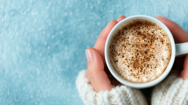 A pair of hands cradling a steaming cup of coffee, wrapped in a knit sweater, evoking feelings of comfort, warmth, and the simple pleasures of cozy moments indoors.