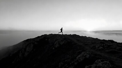Silhouette of runner on mountain ridge