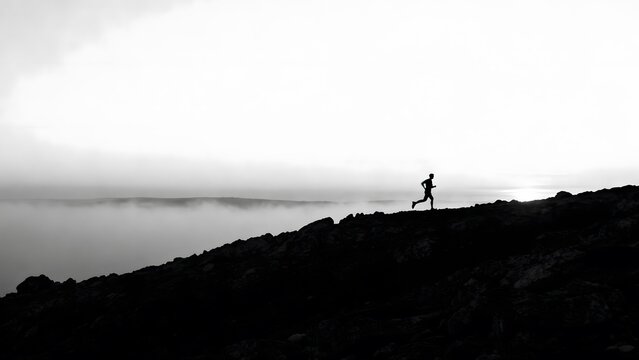 Silhouette of runner on mountain ridge - Powered by Adobe