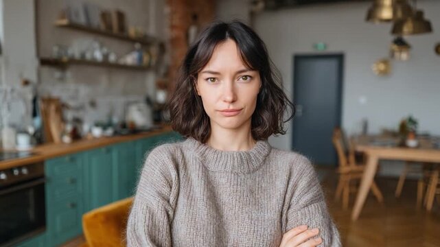Woman's Gaze in the Kitchen: A woman stares intently at the camera, her neutral expression adding a touch of mystery. This evocative portrait captures a sense of quiet observation.