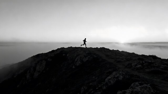 Silhouette of runner on mountain ridge