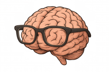 Brain illustration wearing glasses, representing intelligence, knowledge, and smart thinking on transparent background