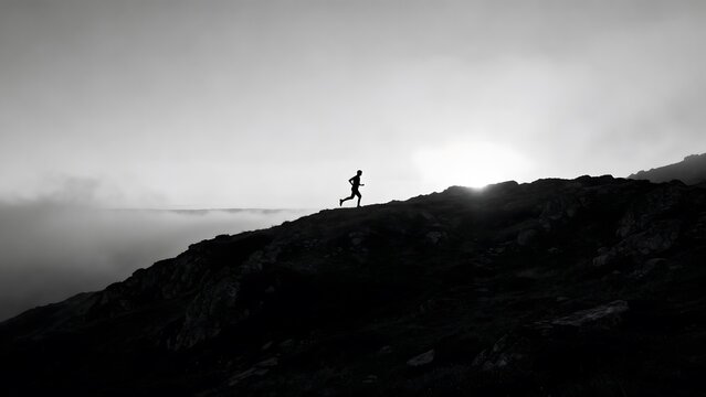 Silhouette of runner on mountain ridge