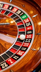 Obraz premium Close-up of a glossy roulette wheel with red, black, and green slots in a casino setting.