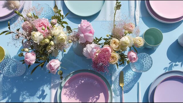 Elegant Table Setting for Celebration: A beautifully arranged table, adorned with pastel plates and exquisite floral centerpieces, set for an elegant gathering.