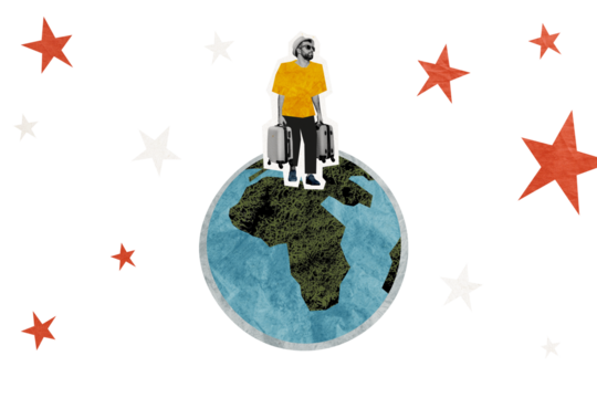 Creative trend collage of young man hold suitcase planet earth traveler adventure template metaphor psychedelic pinup