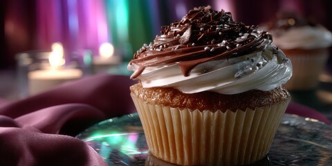 Delicious chocolate topped cupcake sitting on a shiny plate with soft candlelight and colorful fabric in the background