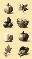 Autumn harvest collection featuring pumpkins, leaves, nuts, and seasonal decorations in