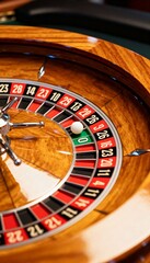  Close-up of a glossy roulette wheel with red, black, and green slots in a casino setting.