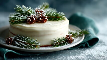 An exquisitely decorated cake topped with pine cones and a dusting of snow, evoking a festive winter atmosphere ideal for holiday celebrations and culinary artistry.