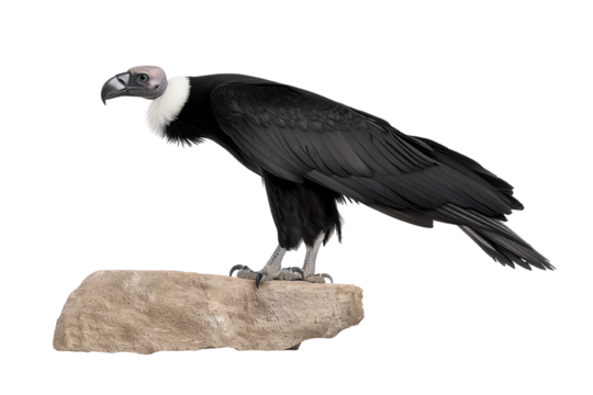 A majestic vulture perched on a rock, showcasing its striking black feathers and unique features, symbolizing nature's resilience.