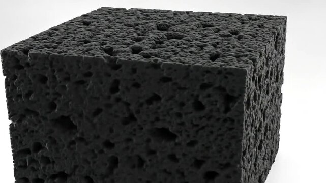Textured black sponge block on a white background showcasing its porous structure