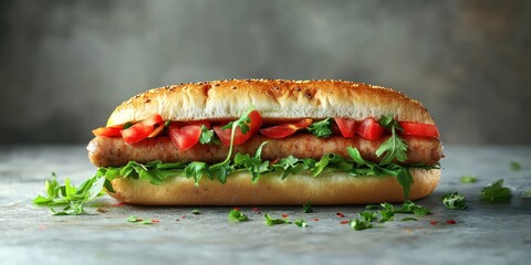 Delicious fresh sandwich with sausage, tomatoes, and greens on a rustic background