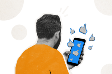 Composite photo collage of man blogger sit back hold iphone device receive pile likes reaction popular vlog isolated on painted background