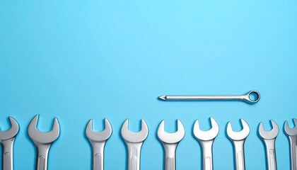 A single open-ended wrench is above a row of open-ended wrenches on a solid blue background. The tools are shiny silver