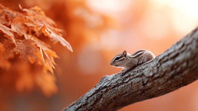 Small chipmunk resting on a tree branch with blurred orange autumn leaves in the background during a beautiful sunset, creating a warm and inviting autumnal scene - Powered by Adobe