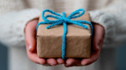 Obraz premium A beautifully wrapped gift box with a striking blue ribbon is held lovingly in hands, symbolizing anticipation and joy of giving and receiving gifts during special occasions.