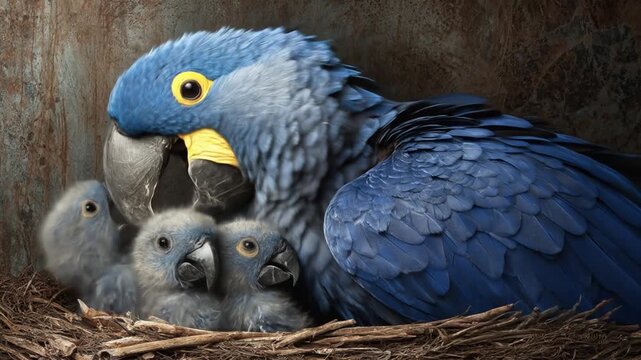 Vibrant blue parrot with three adorable fluffy baby chicks in a natural nest, showcasing wildlife family love and parental care.