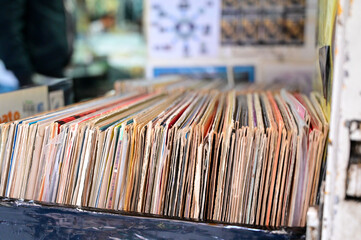 Vintage vinyl records in a shop