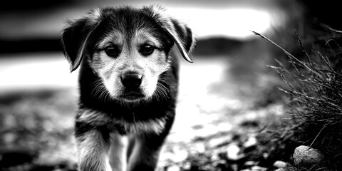 Young dog walks along a rocky shore near calm water during cloudy weather in the early evening